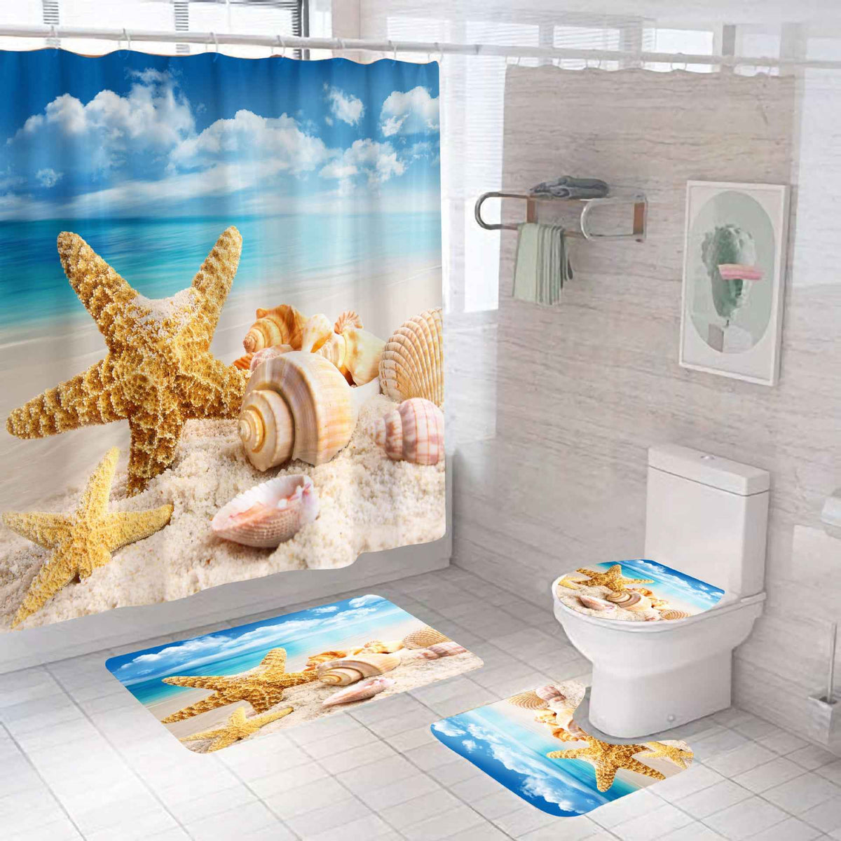 Beach Theme Bathroom Shower Curtain 4-Piece Set | Mildew-Proof & Waterproof