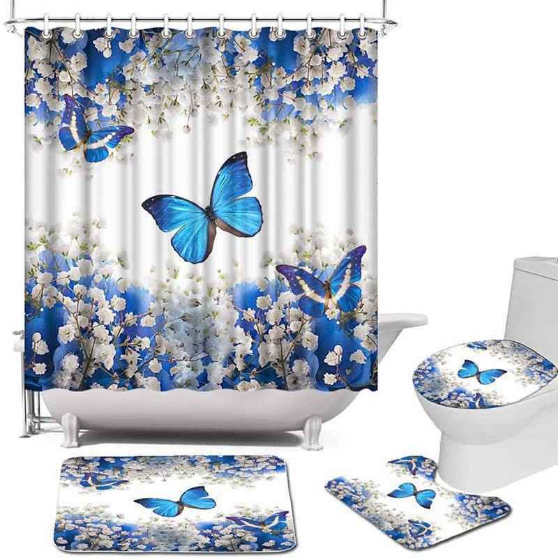 Shower Curtain Set 4-Piece Floral  or Butterfly Style with Non-Slip Bath Rugs, U-Shaped Mat, & Toilet Lid Cover