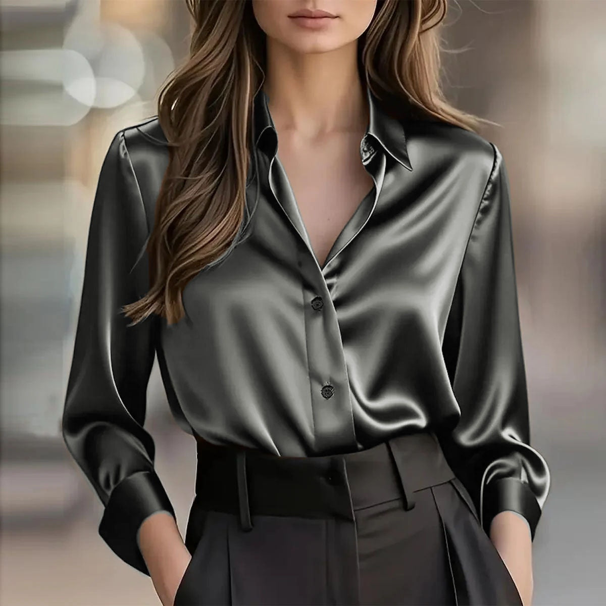 Elegant Satin Long Sleeve Blouse For Women Button-Up Collar Shirt Perfect For Casual Professional Business Work Wear Women's Clothing - Shop NCLC