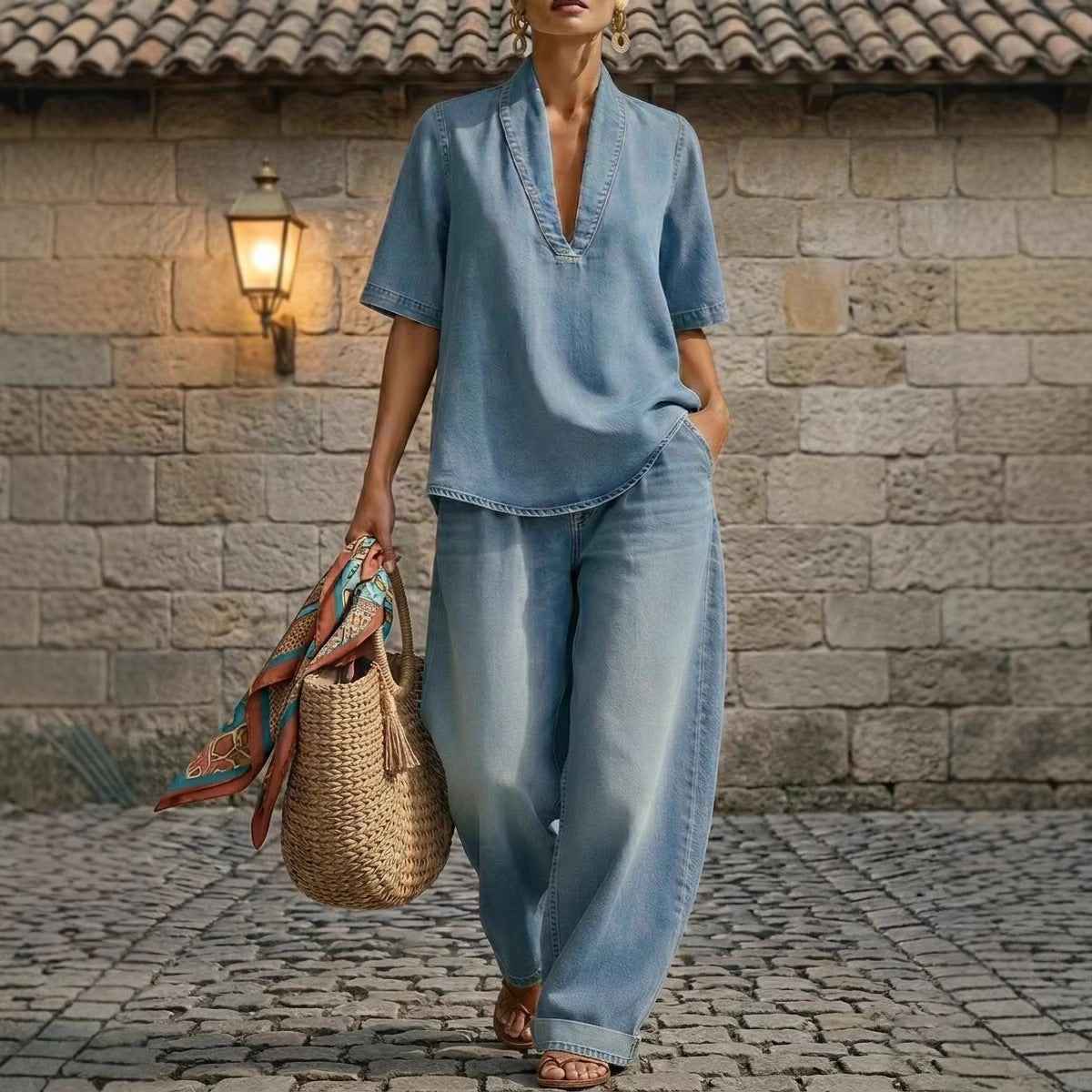 Women's Denim 2-Piece Set | Short Sleeve V-Neck & Wide Leg