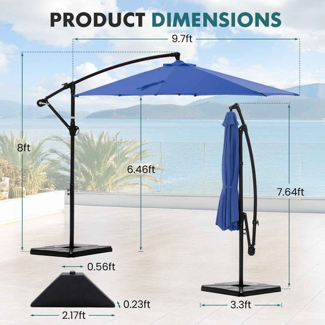 9.8FT Offset Patio Umbrella & Base | Hanging Cantilever Outdoor Sun Shade with Easy Tilt