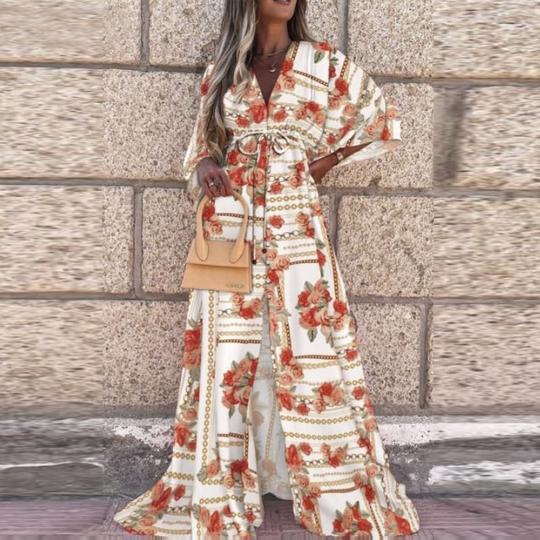 New women's V-neck short sleeve printed long dress - Shop NCLC