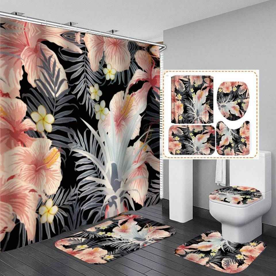 Shower Curtain Set 4-Piece Floral  or Butterfly Style with Non-Slip Bath Rugs, U-Shaped Mat, & Toilet Lid Cover