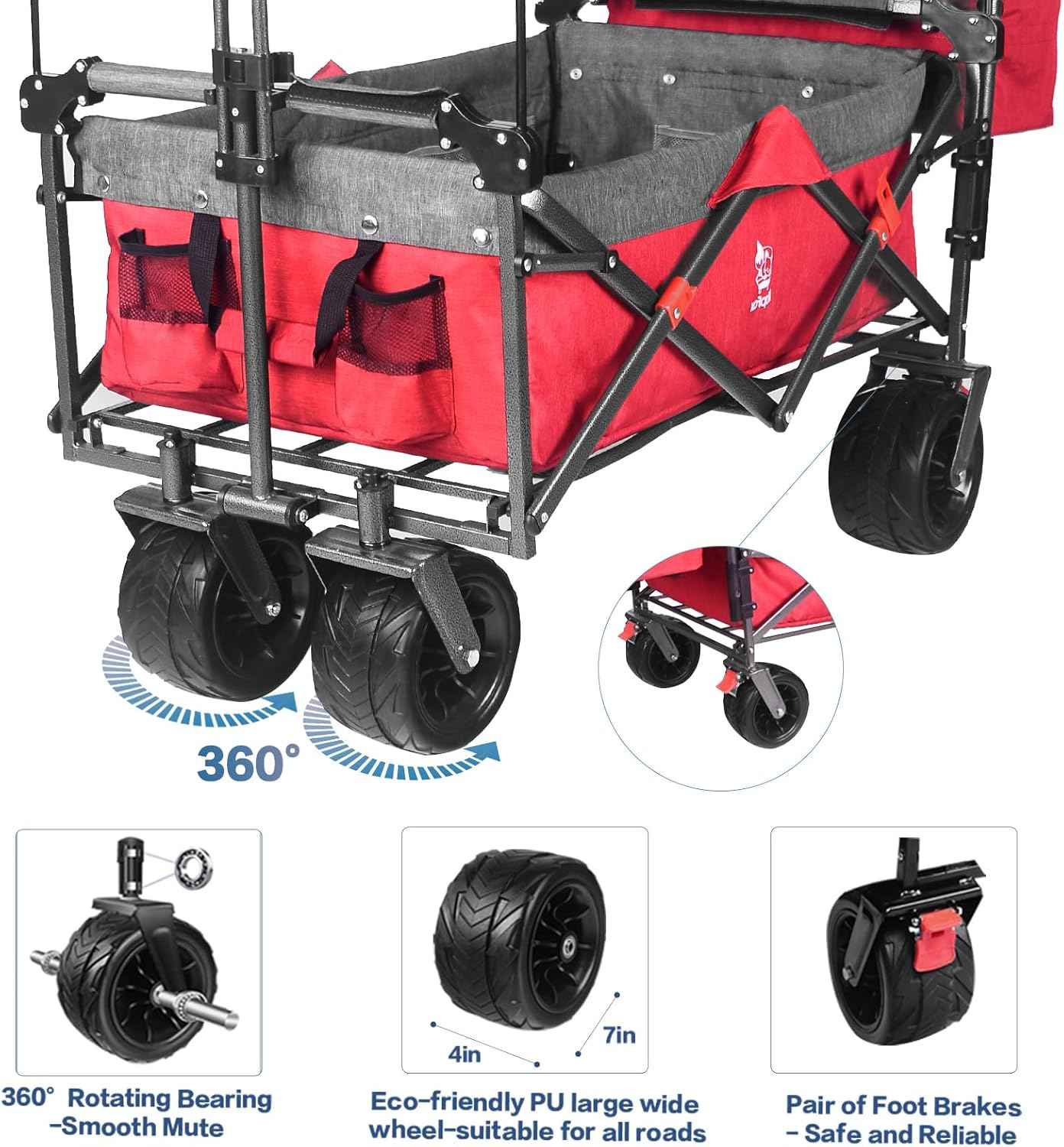 140L Collapsible Folding Wagon Cart with Removable Canopy, All-Terrain Wheels & Cooler Bag