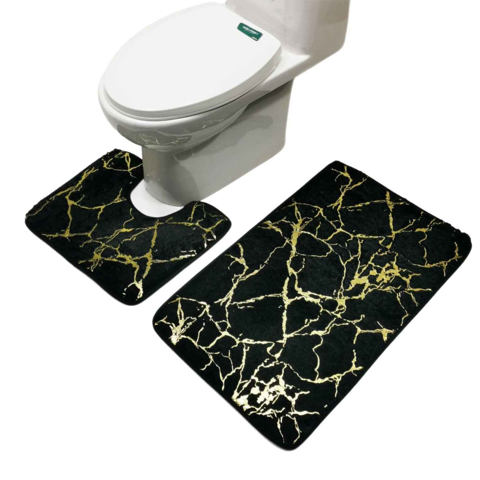 2 or 3-Piece Gold-Embossed Faux Rabbit Fur Bath Mat & Toilet Set | Non-Slip & Water Absorbent