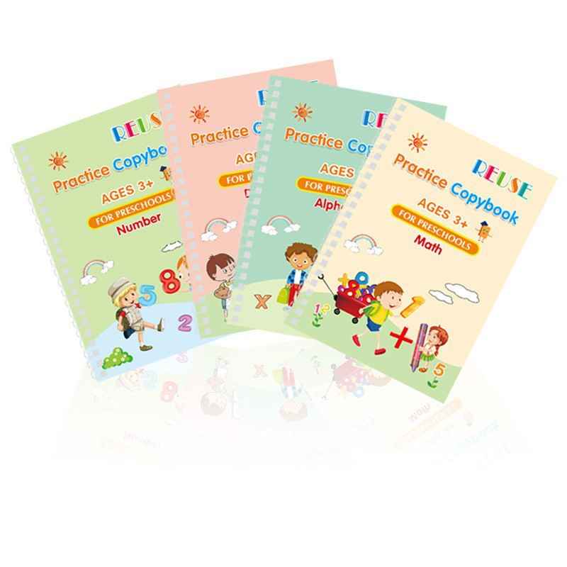 Magic Practice Copybook Set - Reusable Grooved Handwriting Workbooks For Kids With Disappearing Ink