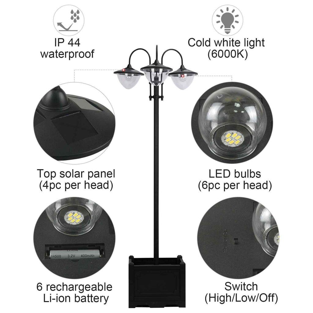 74.5" 3-head Solar Lamp Post Street Light with Planter, Solar Pole Lights Outdoor Waterproof LED Lighting for Backyard Pathway Patio Lawn Driveway Decor, Black