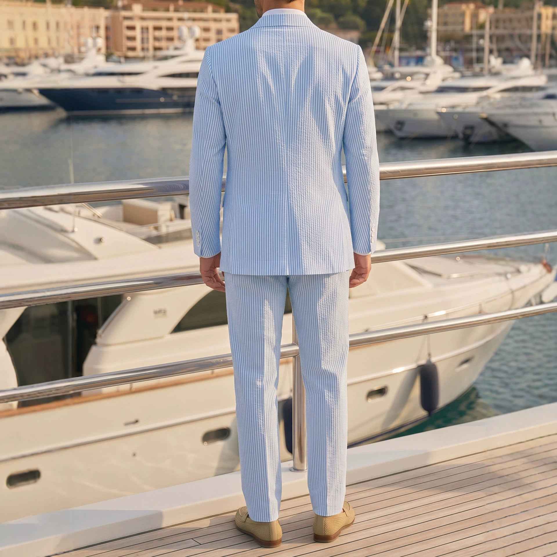 Men's Lightweight Seersucker Double-Breasted Suit Set | Business Gentleman