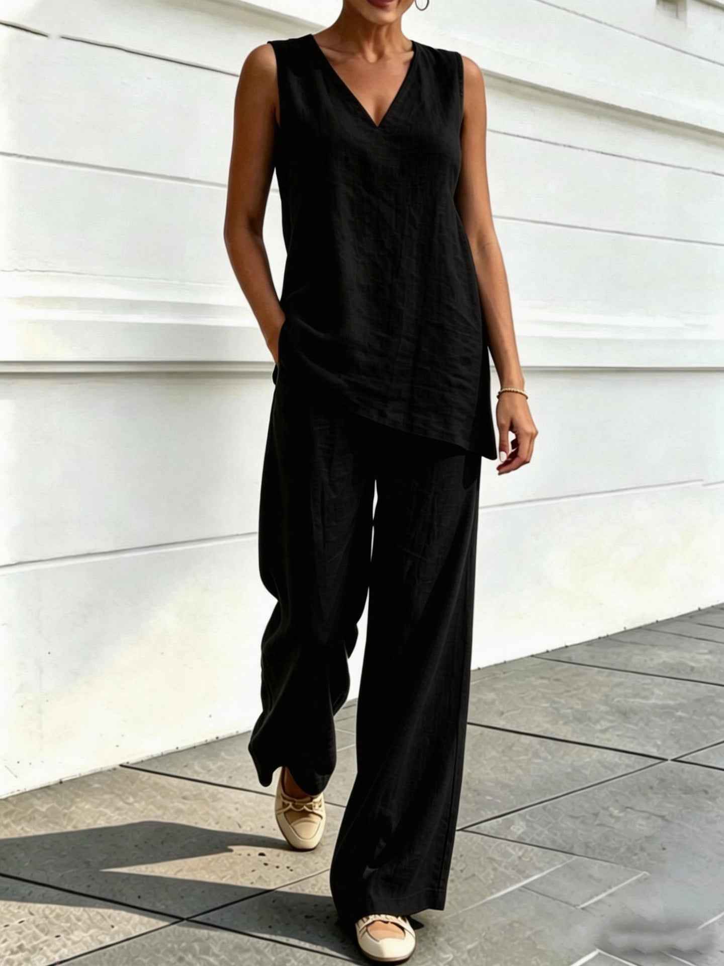 Womens V-neck Sleeveless Cotton-Linen Top And Wide-Leg Pants Set
