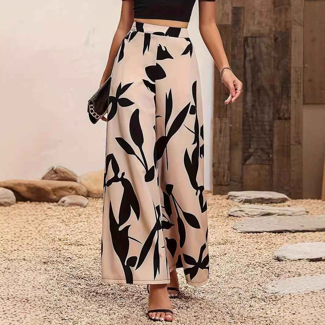 Women's Leaf Print High Waisted Wide Leg Casual Pants - Flowy Lounge & Beach Trousers