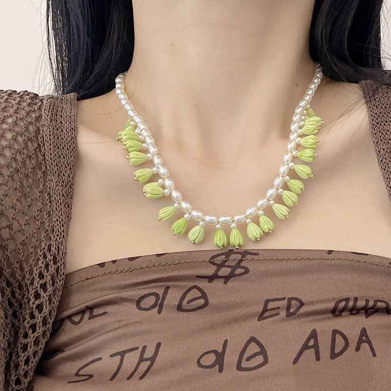 Handmade Pearl Flower Beaded Necklace | Dainty Floral Statement Jewelry