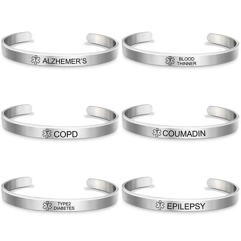 Silver Plated Medical Alert Cuff Bracelet - Epilepsy, Diabetic & Allergy Stainless Steel Bangle for Women & Men