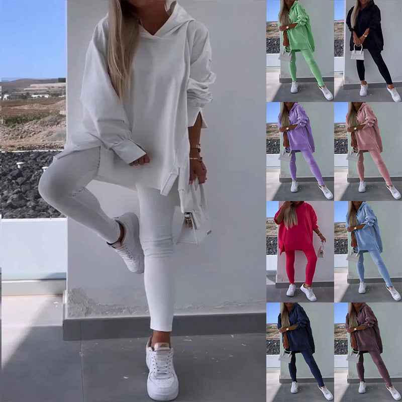 Women's Sports Casual Hooded Sweatshirt & Slit Tights 2-Piece Set