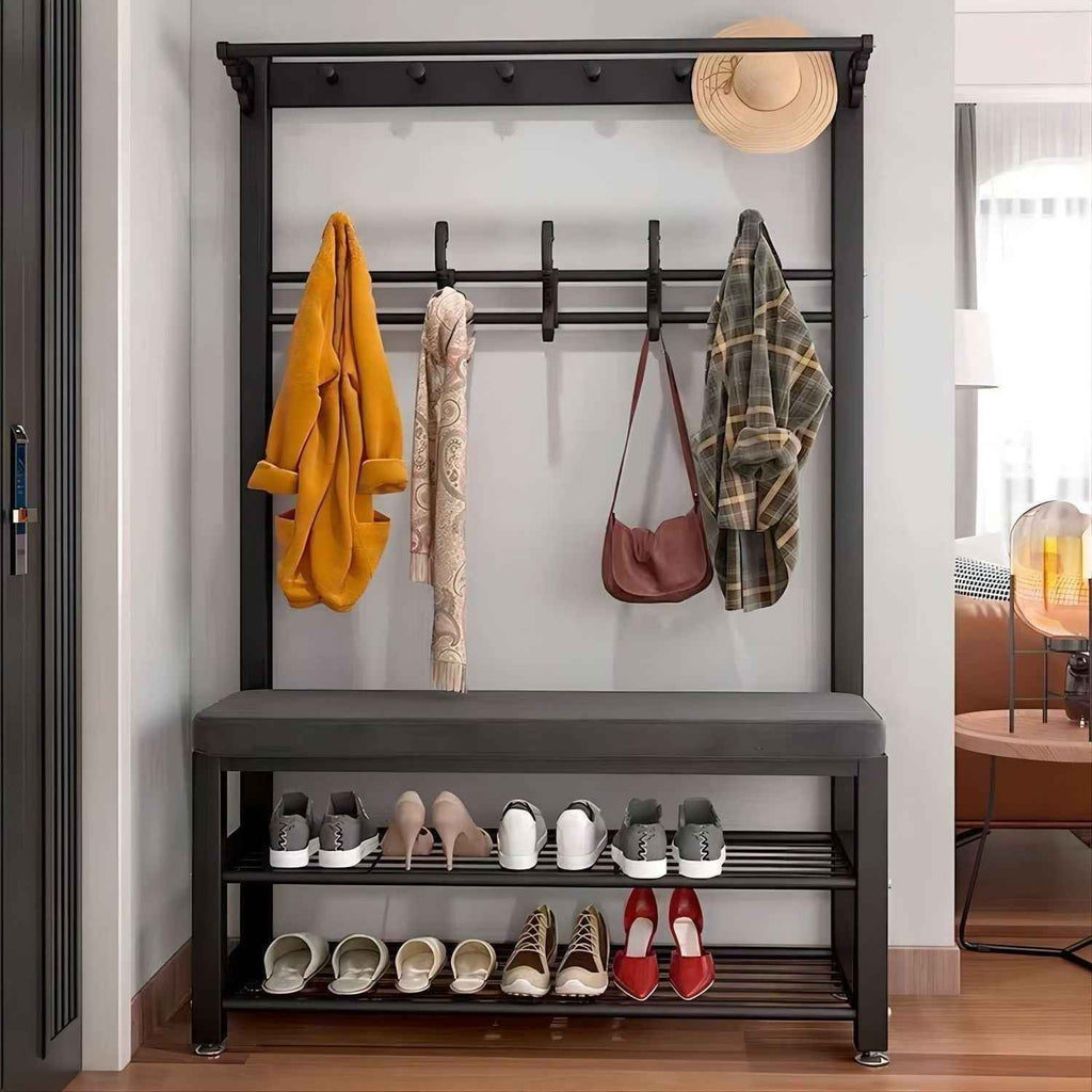 Multifunctional 3-in-1 Entryway Hall Tree | Coat Rack Floor Stand & Shoe Changing Stool with Storage Bench