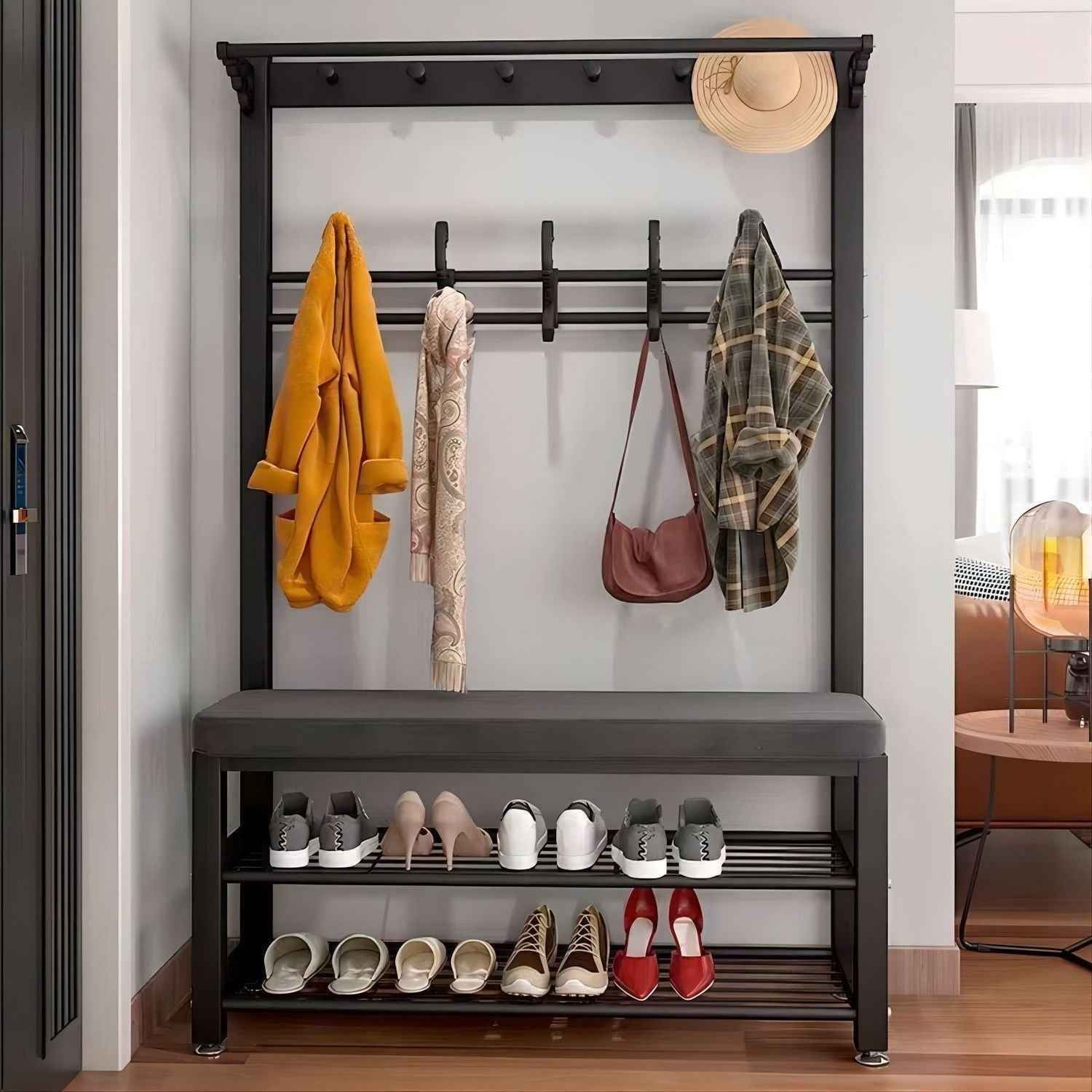 Multifunctional 3-in-1 Entryway Hall Tree | Coat Rack Floor Stand & Shoe Changing Stool with Storage Bench