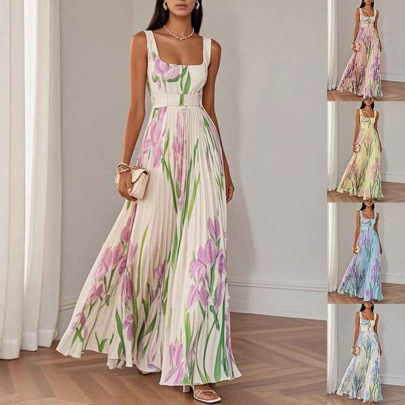Women's Summer Floral Print Sleeveless A-Line Pleated Flowy Midi Dress