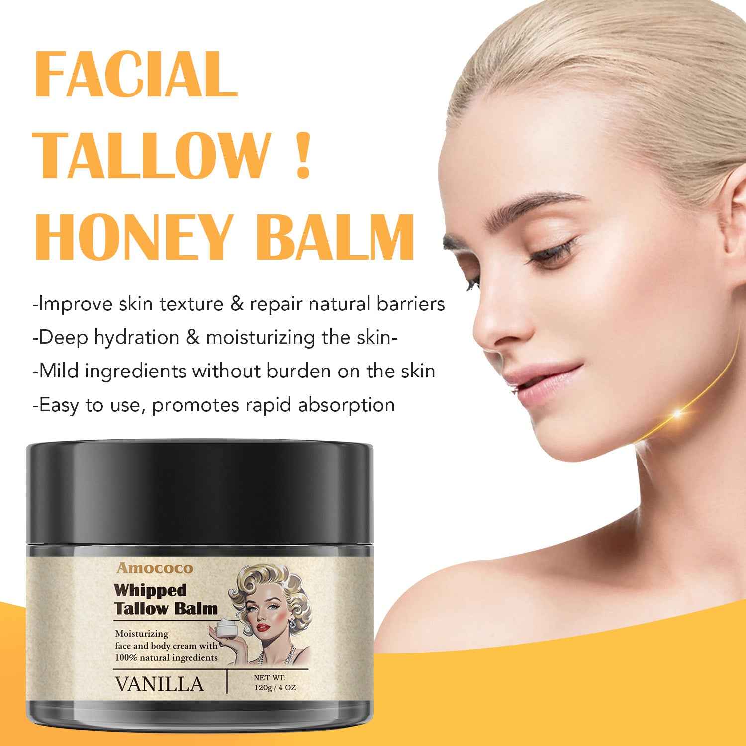 Waybill Amococo Whipped Tallow Balm Deep Hydration & Soothing Natural Beauty Cream For Face, Body Lips Universal Skin Balm With Vanilla Scent