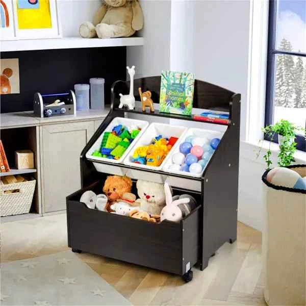 Kids Toy Storage Organizer Cabinet with Large Toy Box & Display Shelf, Dark Brown