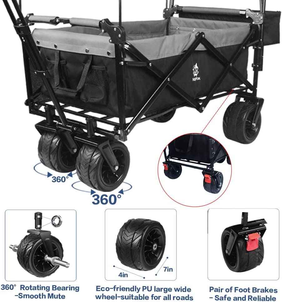 140L Collapsible Folding Wagon Cart with Removable Canopy, All-Terrain Wheels & Cooler Bag