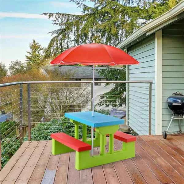 Kids Foldable Outdoor Picnic Table & Bench Set with UV Protection Umbrella