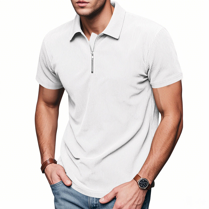 Mens Loose Corduroy Half-Zip Polo Short-Sleeve T-Shirt - Shop NCLC
