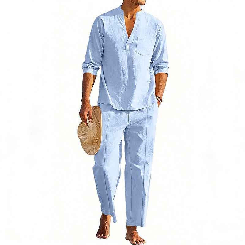 Men's Casual Henley Long-Sleeve Shirt and Straight-Leg Pants Set