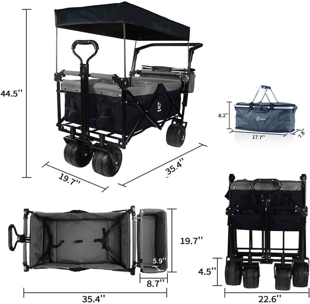 140L Collapsible Folding Wagon Cart with Removable Canopy, All-Terrain Wheels & Cooler Bag