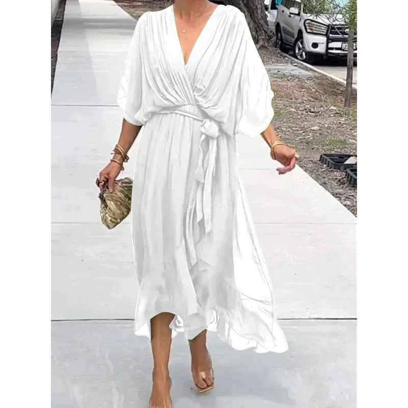 Women's Summer V-Neck Batwing Sleeve Tie-Waist Irregular Long Maxi Dress