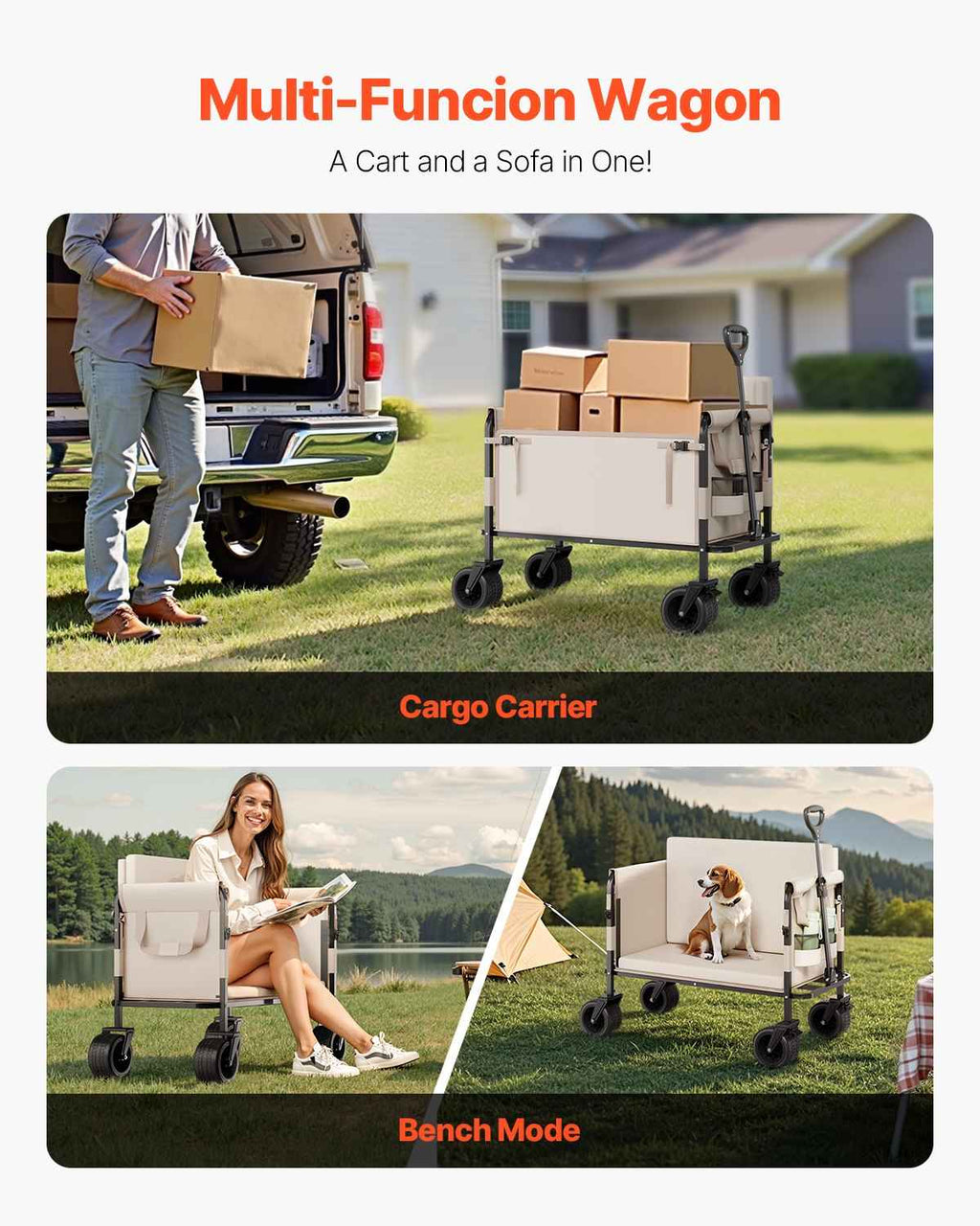 Heavy-Duty 2-in-1 Foldable Wagon Cart & Bench Seat | 550lb Capacity, 220L Camping & Utility Cart