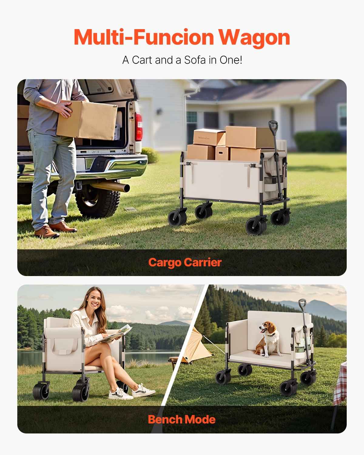 Heavy-Duty 2-in-1 Foldable Wagon Cart & Bench Seat | 550lb Capacity, 220L Camping & Utility Cart