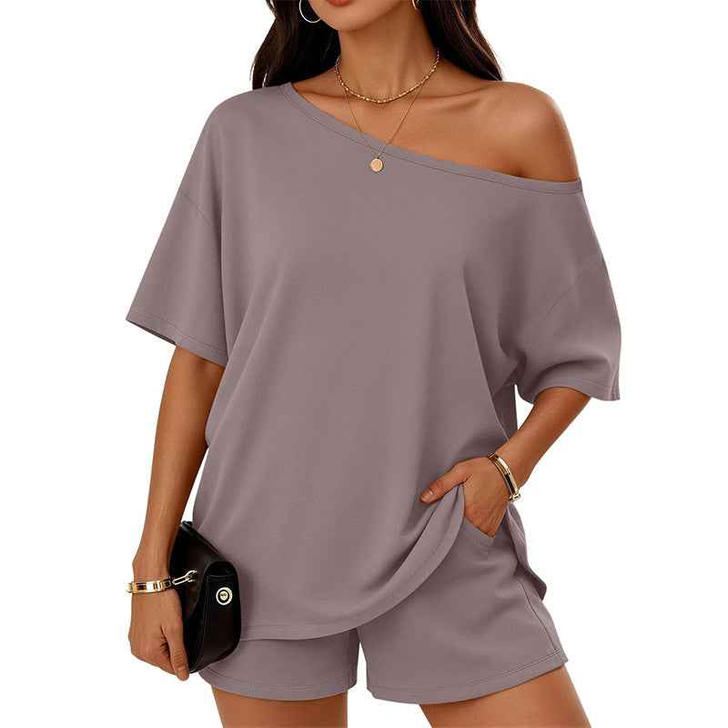 Womens 2-piece Fashionable Casual Set Off The Shoulder Top And Shorts  For Loungewear Daily Wear Work Gym Outfit