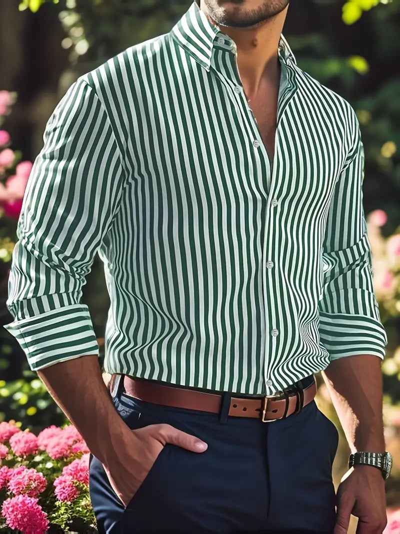 Men's Casual Stripe Printed Long Sleeve Shirt – Fashion Lapel Button-Down Top