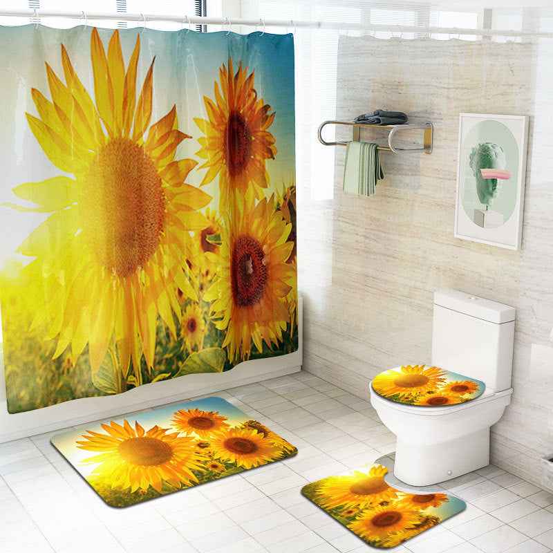 4-Piece Sunflower Shower Curtain Set with Non-Slip Bathroom Rugs & Toilet Lid Cover – Yellow Floral Waterproof Bath Decor