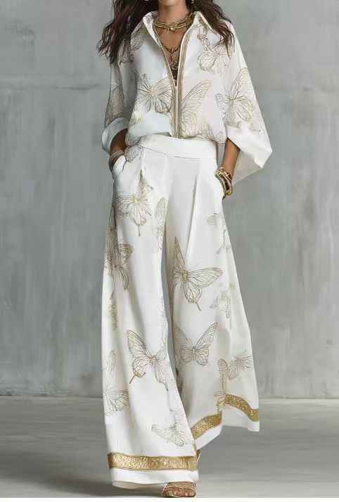 Women's Zip-Front Shirt & Wide-Leg Pants Casual Two-Piece Set