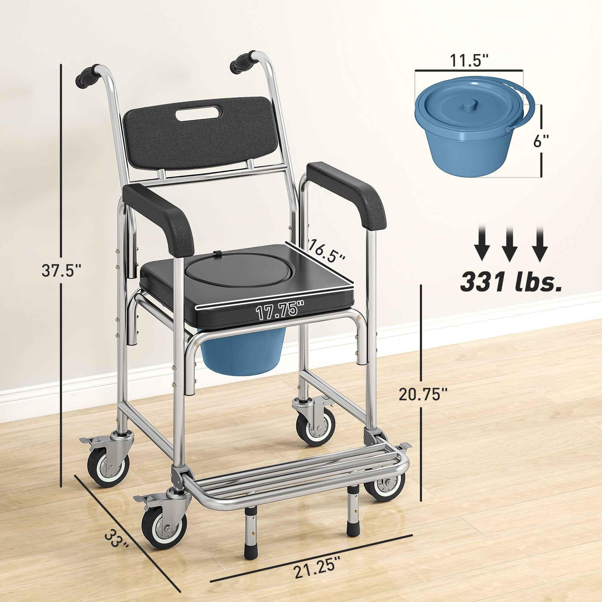 3-in-1 Shower Commode Wheelchair, Accessible Transport Commode Medical Rolling Chair, Black