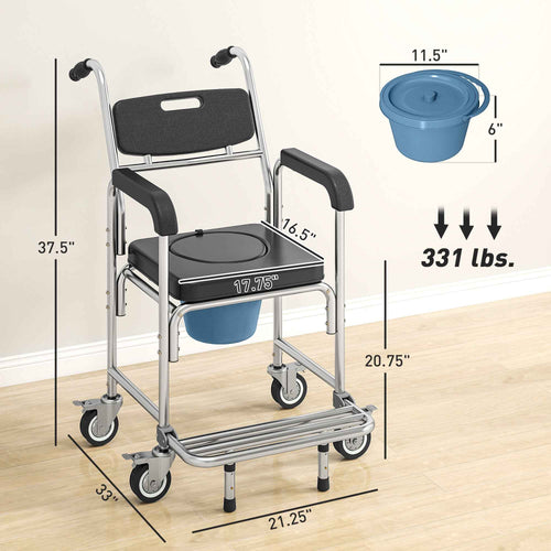 3-in-1 Shower Commode Wheelchair, Accessible Transport Commode Medical Rolling Chair, Black