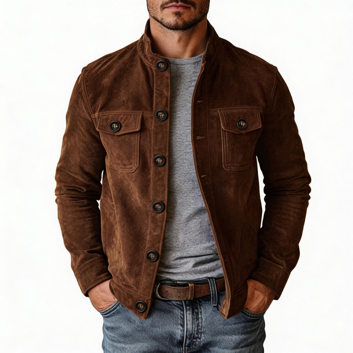 Men's Faux Suede Casual Button-Down Jacket | Long Sleeve European-Style Outerwear