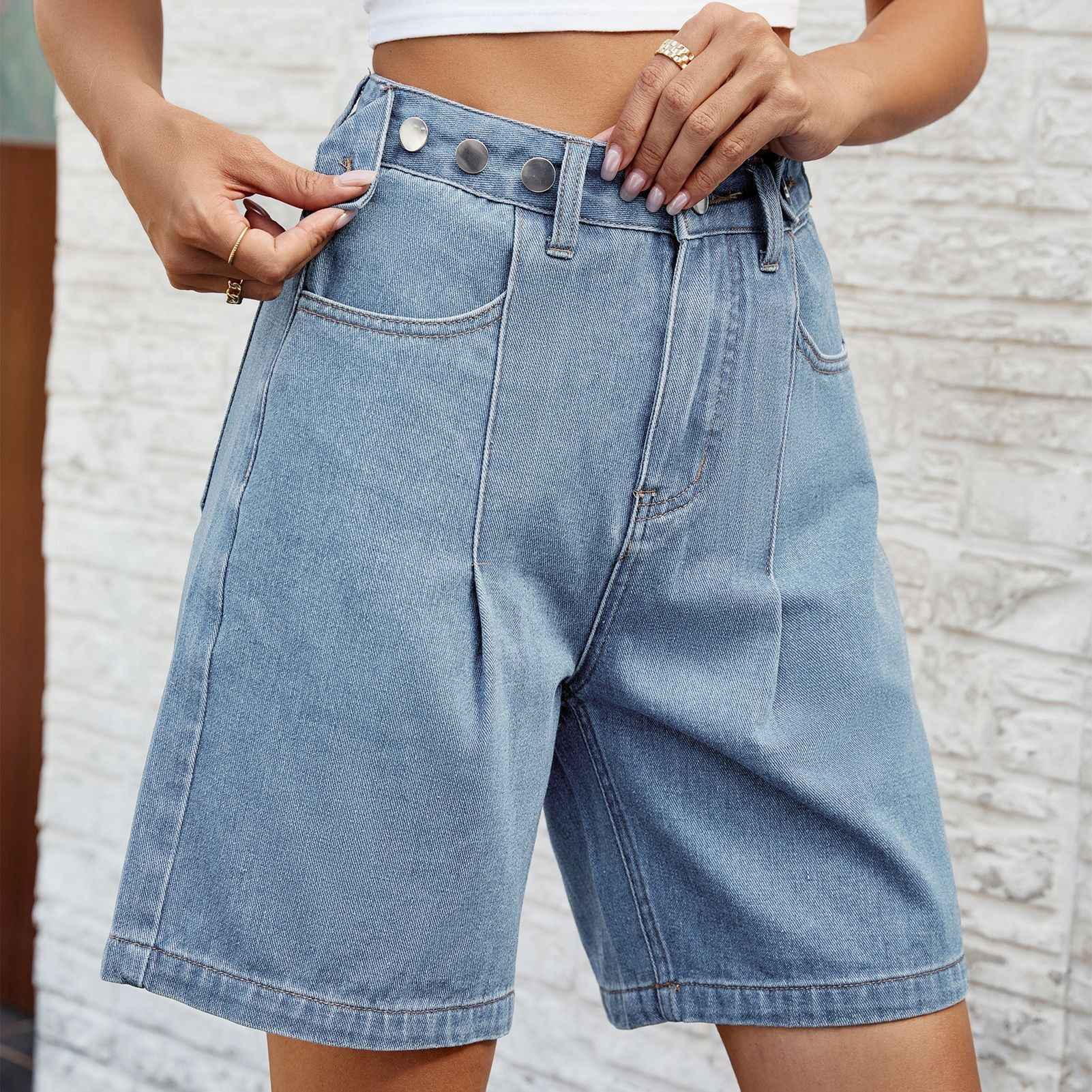 Women's Loose Adjustable Waist Denim Shorts | Wide Leg Casual Five-Point Jean Pants