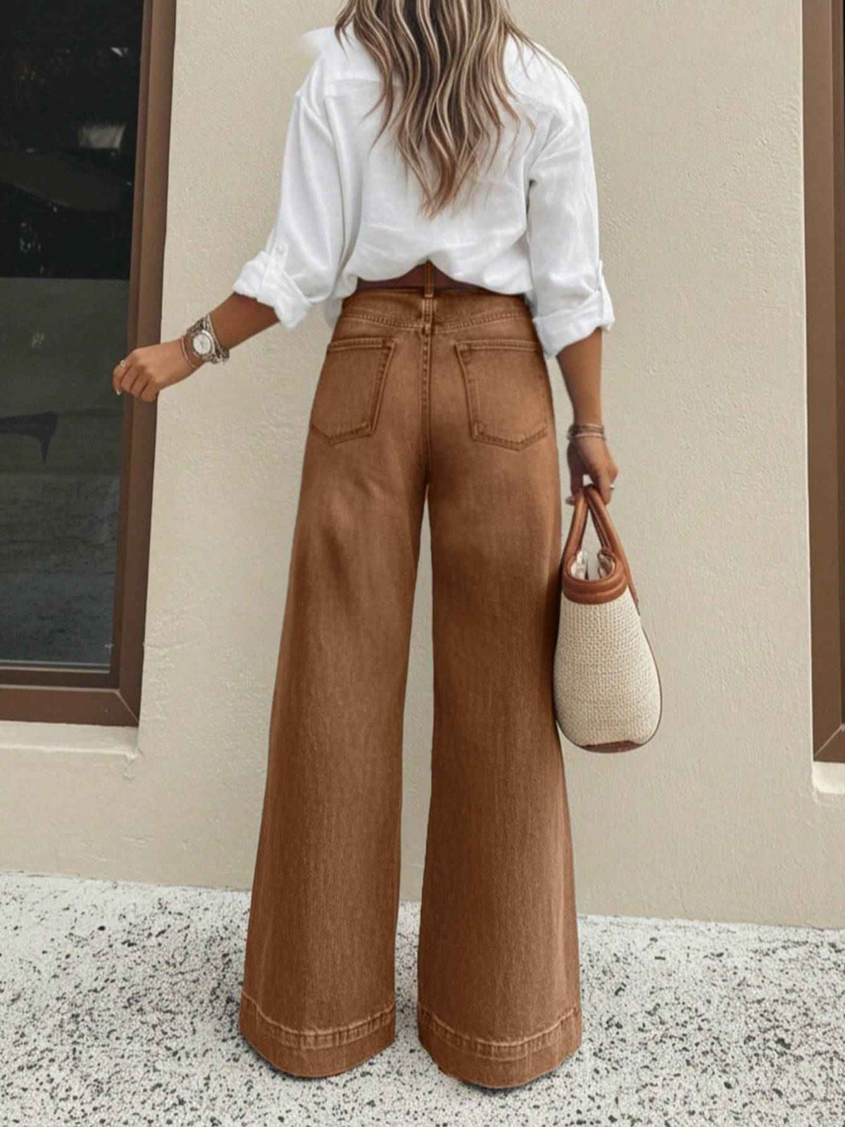 Vintage Brown High Waist Wide Leg Jeans | Washed Loose Floor-Length Denim Trousers