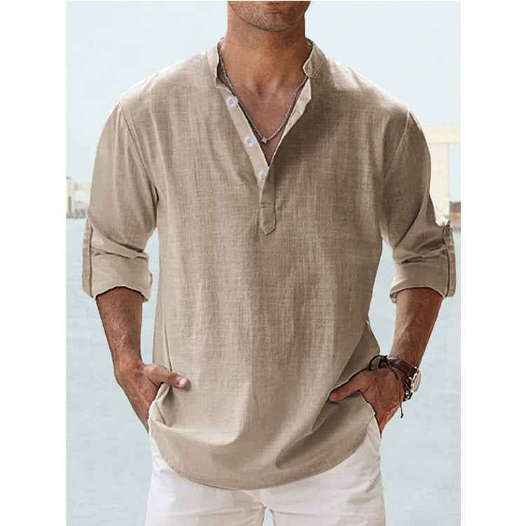 Men's Cotton Linen Casual Long Sleeve Shirt – Loose Fit Lightweight Pullover Tee