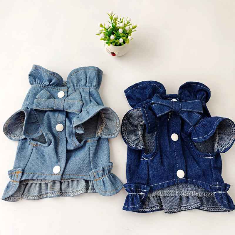 Pets Denim Dress for Dogs and Cats - Stylish Ruffled Vest Harness with Leash Hook in Blue Jeans