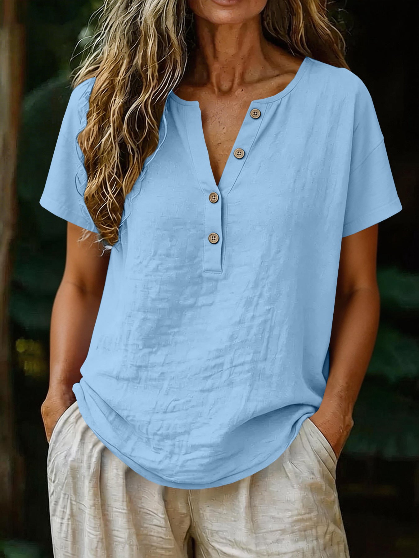 Women's Casual Solid Color Cotton-Linen Short-Sleeve - Shop NCLC
