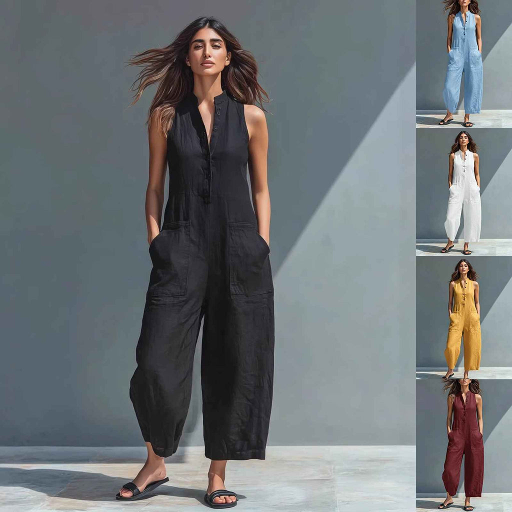 Women's Summer Sleeveless V-Neck Jumpsuit - Casual Wide-Leg Overalls with Pockets & Buttons
