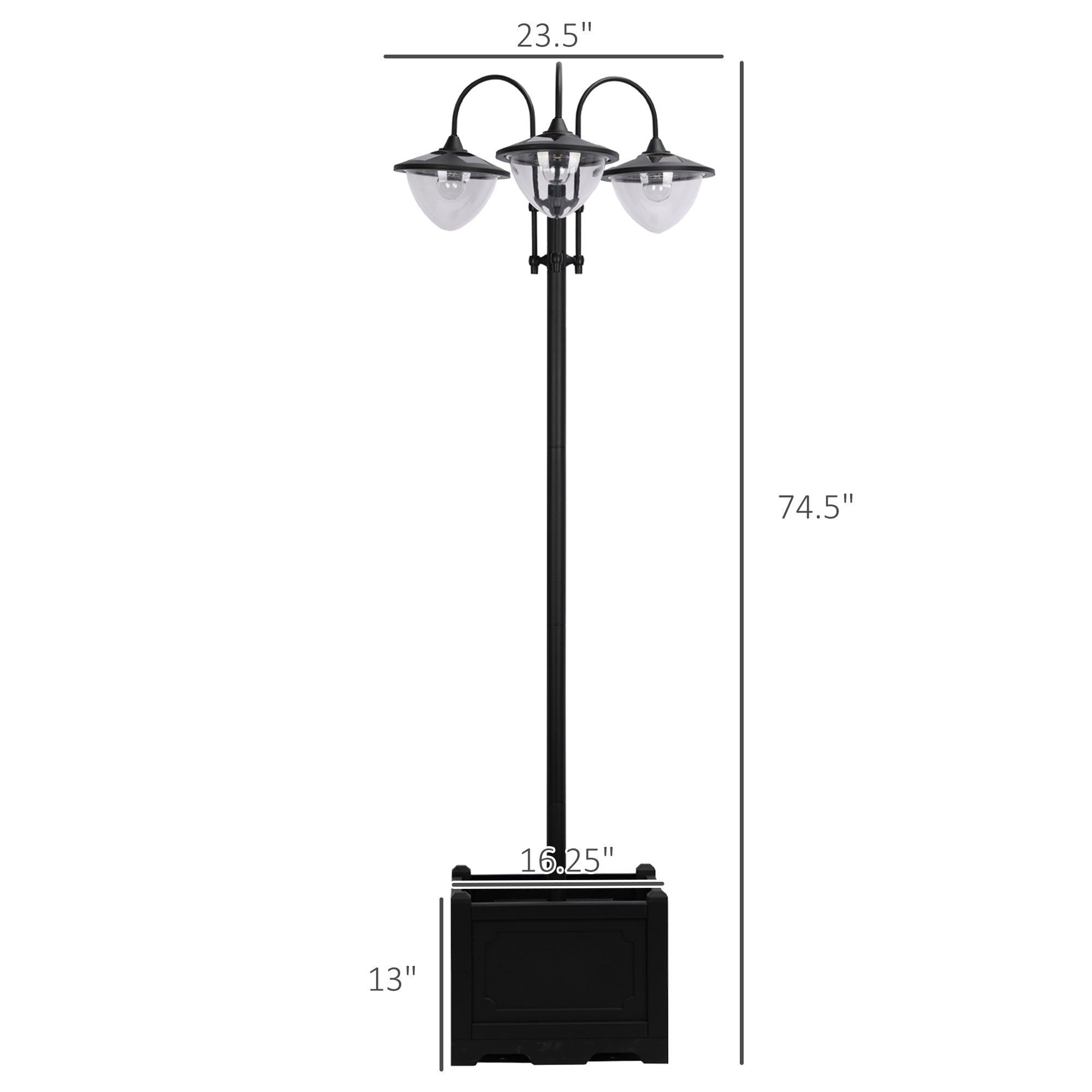 74.5" 3-head Solar Lamp Post Street Light with Planter, Solar Pole Lights Outdoor Waterproof LED Lighting for Backyard Pathway Patio Lawn Driveway Decor, Black - Shop NCLC