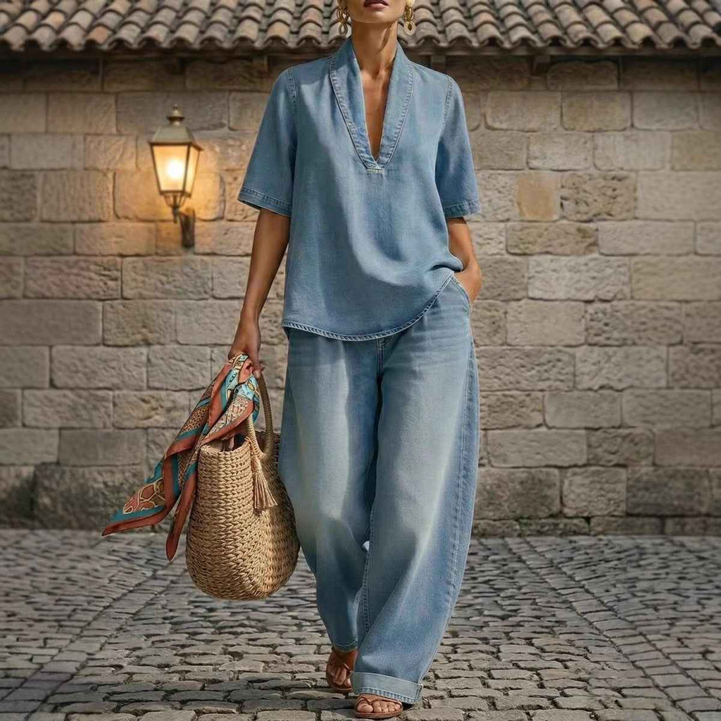 Women's Denim 2-Piece Set | Short Sleeve V-Neck & Wide Leg