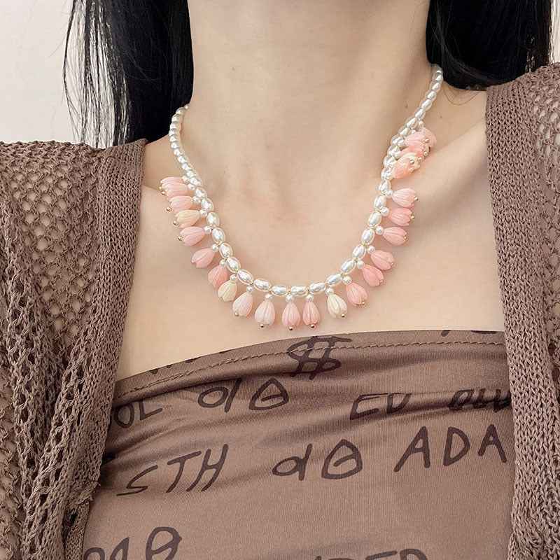 Handmade Pearl Flower Beaded Necklace | Dainty Floral Statement Jewelry
