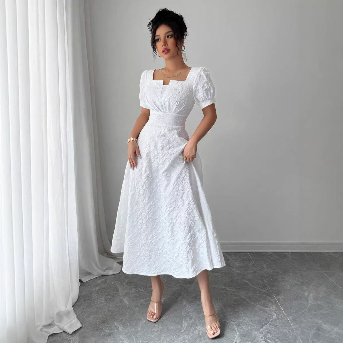 Elegant Jacquard Solid Color Puff Sleeve Square Neck Dress For Women - Shop NCLC