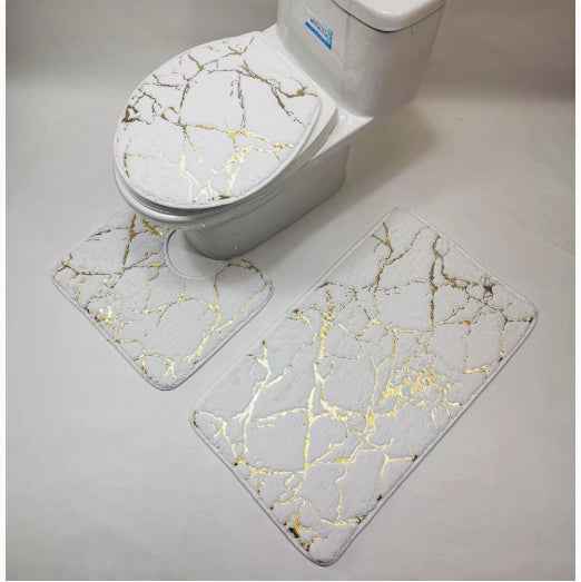 2 or 3-Piece Gold-Embossed Faux Rabbit Fur Bath Mat & Toilet Set | Non-Slip & Water Absorbent