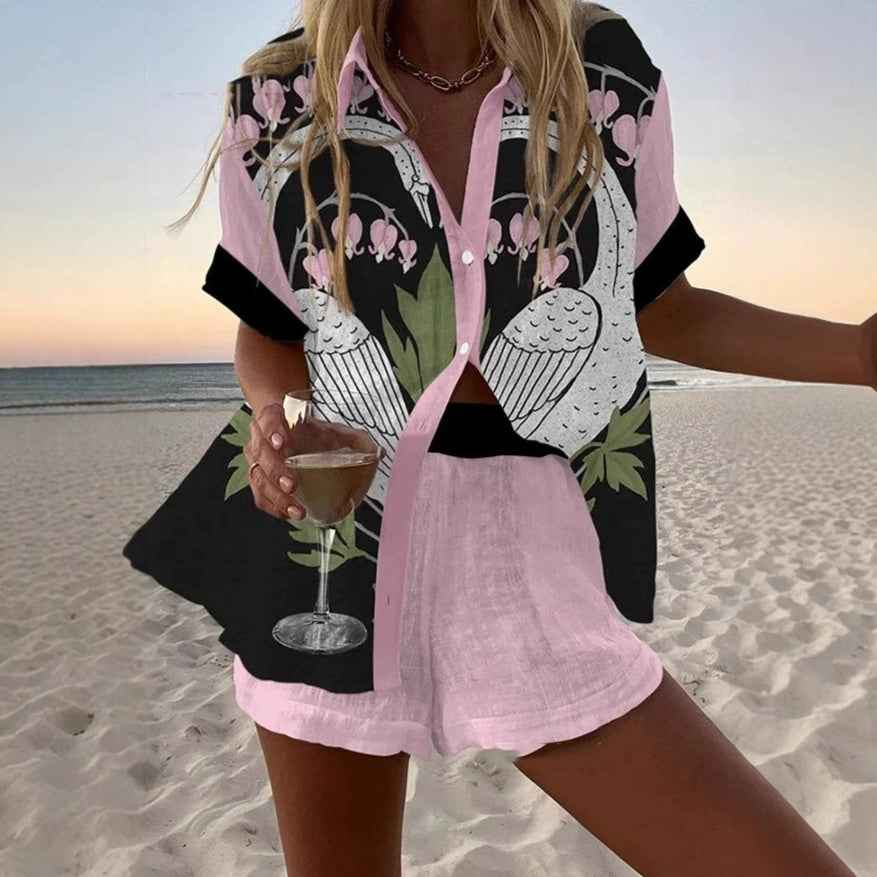 Women's Printed Casual Vacation Cardigan and Shorts 2-Piece Set