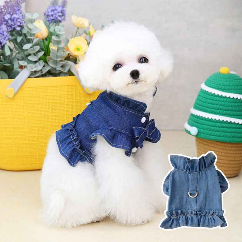 Pets Denim Dress for Dogs and Cats - Stylish Ruffled Vest Harness with Leash Hook in Blue Jeans